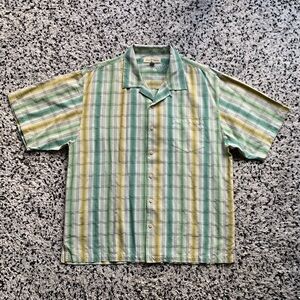 Tommy Bahama 100% Silk Shirt Short Sleeve Green Yellow White Plaid Men’s Size XL